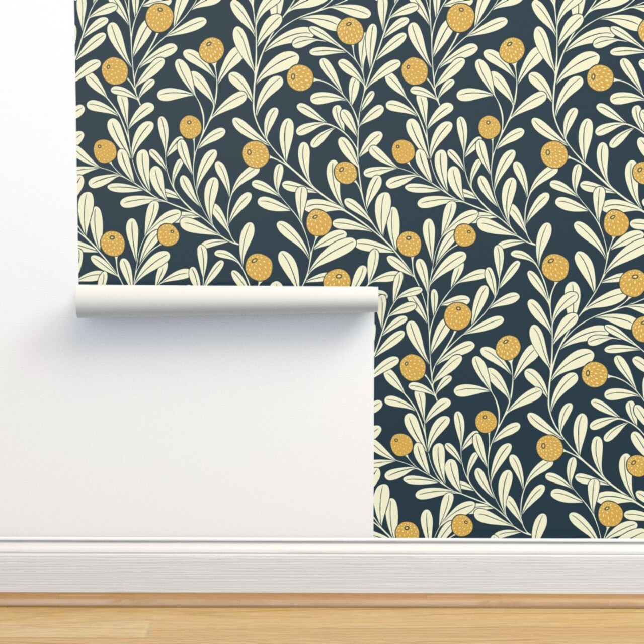 Vines Wallpaper Plants Art Deco Citrus Navy Lemons Mustard Botanical Gardens Climbing Custom Removable Wallpaper by Spoonflower Peel & Stick Wallpaper 2FT Wide